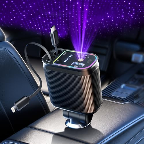 Retractable Car Charger with Starlight, 66W Starlight in Car roof 4 in 1 Retractable Car Phone Charger Adapter, Fast Charging USB C Cable, Compatible with iPhone 17/16/15/14/13/12/,Galaxy