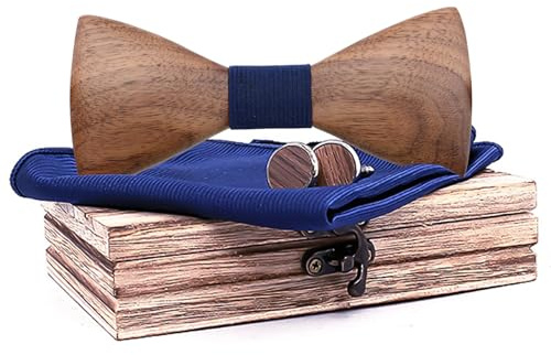 Scettar Herren Holzfliege Set,Walnussholz Fliege mit Manschettenknöpfe Holzfliege,Einstecktuch Herren Fliegen für Hochzeit, Aufführungen,Abschlussball und Geschenke Blau