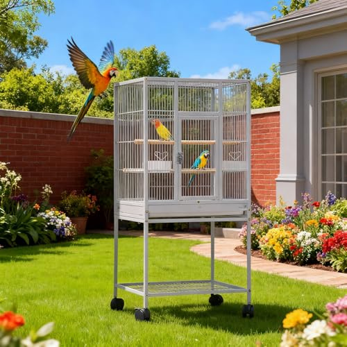 Thaookte Vogelvoliere Großer Vogelkäfig, Vogelkäfig Aus Metall Mit 1 Türen 2 Holzstangen, Vogelbauer Mit 4 Rollen, Wellensittich Käfig Mit Futternapf Für Vogel Mit Schmutzwanneneinsatz, 48.5x46x103 cm