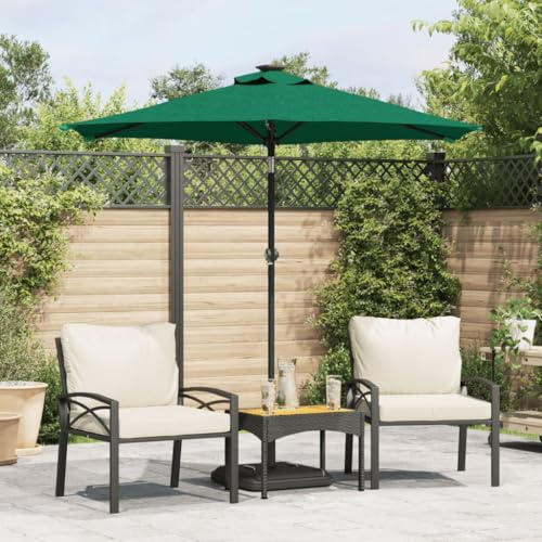 Mokuyary - Sombrilla de jardín con mástil de acero verde, 225 x 225 x 212 cm, parasol exterior para terraza, piscina, playa, restaurantes, balcón