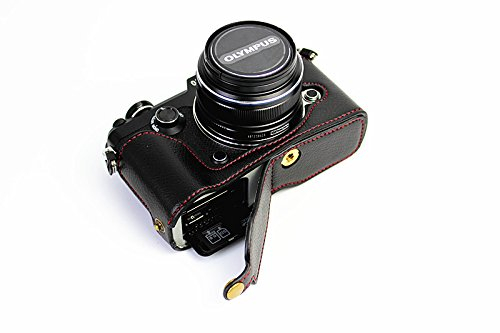 SundayZaZa Bottom Opening Version Protective Genuine Real Leather Half Camera Case Bag Cover with Tripod Design for Olympus Pen-F Camera with Genuine Real Leather Hand Strap Black