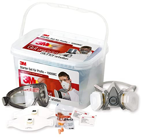 3M Sicherheitsbox (mit Atemschutzmaske, Halbmaske, Gehörschutzstöpsel und Arbeitsschutzbrille, sicherheitsausrüstung für Baustelle oder Werkstatt, inkl. Zubehör) 1000MCWE