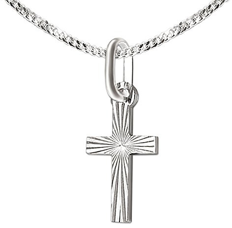 CLEVER SCHMUCK Kreuzkette für Kinder Silber 18 mm diamantiert + Panzerkette 36 cm STERLING 925 im Etui creme