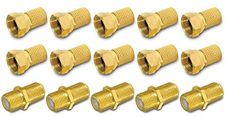 ARLI 10x F-Stecker 7 – 7,4 mm + 5x F-Verbinder vergoldet – Stecker Verbinder Set für Koaxialkabel Sat TV Antenne mit breiter Mutter & Dichtring
