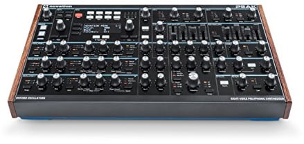 Novation Peak 8-Voice Desktop Polyphonic Synthesiser with 2 LFOs per voice, 16-slot modulation matrix, 3 analogue distortion points, and digital effects.