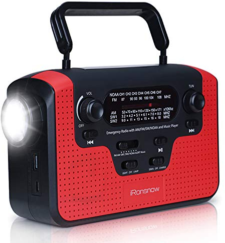 iRonsnow Wind Up Emergency Radio, Solar Crank Emergency Lantern AM/FM/SW/NOAA Radio, SD Card Music Speaker LEDs Flashlight, 2300mAh Dynamo Power Bank USB Charger for Cellphone Camping (IS388)