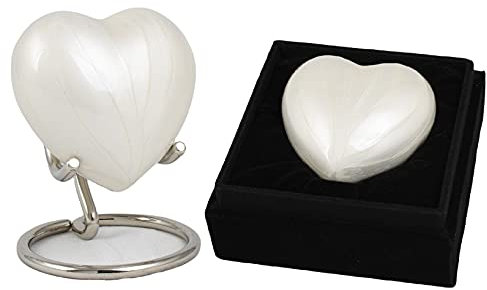 UrnsWithLove Petite urne funéraire en Aluminium en Forme de cœur pour Cendres avec Couvercle amélioré, Mini urne funéraire en Forme de cœur avec boîte et Support (Aluminium Blanc nacré)