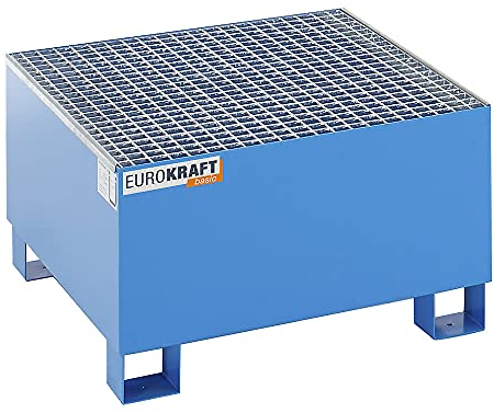 Stahl-Auffangwanne für 200-l-Fässer, LxBxH 800 x 800 x 465 mm, mit Zulassung, blau pulverbeschichtet, mit Gitterrost.