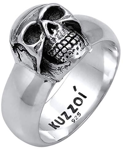 Kuzzoi Totenkopf Herrenring, massiv 10 mm breit in 925 Sterling Silber, schwarz oxidiert mit Gravur, Ring für Männer in der Ringgröße 60 – 66, 0601662919