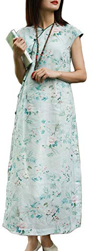 LZJN Abito Estivo Delle Donne Cinese Cheongsam Lungo Cinese Moderno Qipao Cotone Lino Stile Orientale Qipao Vestito - bianco - M