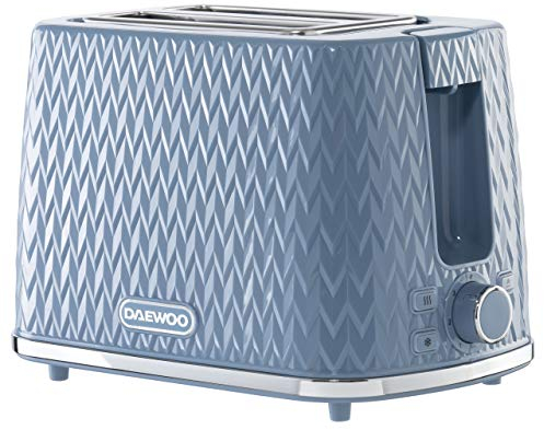 Daewoo SDA1823 Argyle Patterned Reheat, Defrost & Cancel Electronic Browning Control | Removable Crumb Tray | Self-Centering | 220-240V/50-60Hz/780-930W-Light, Blue 2 Slice Toaster