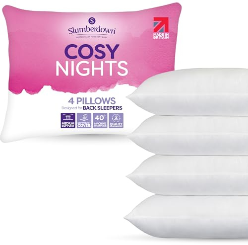 Slumberdown Cosy Nights Bed Pillows 4 Pack Non-Allergenic Medium Support Back & Side Sleeper Pillow - Soft Touch Breathable Cover, Made in the UK & Washable, Packaging May Vary (48 x 74cm)