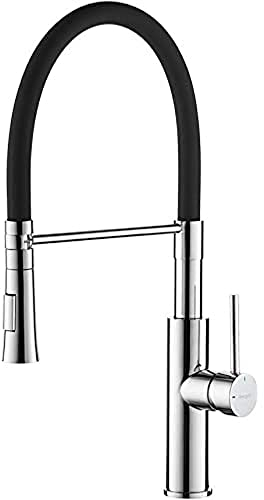 Ibergrif - Professionelle Küchenarmatur mit Brause, Wasserhahn für Küche mit Schwarz Flexibler Auslauf, Chrom