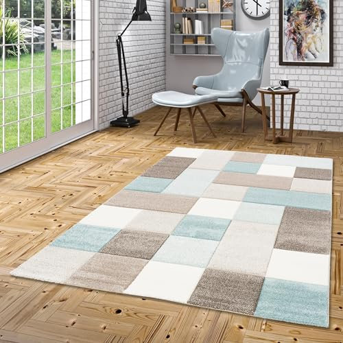 Pergamon Designer Teppich Maui Pastell Blau Beige Karo in 4 Größen