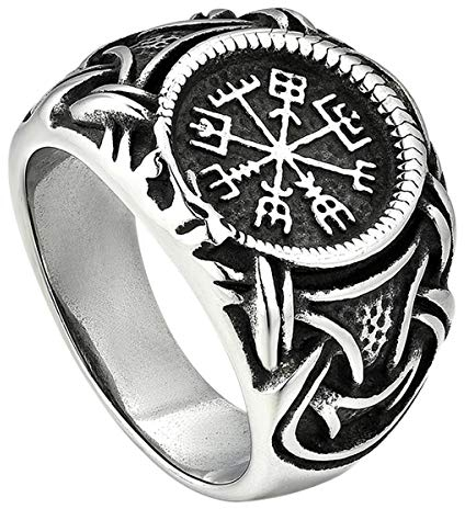Flongo Herrenring Daumenring Bandring Männer Ringe Silber Wikinger Kompaß Motorradfahrer Biker Retro Herren-Accessoires Größe 67