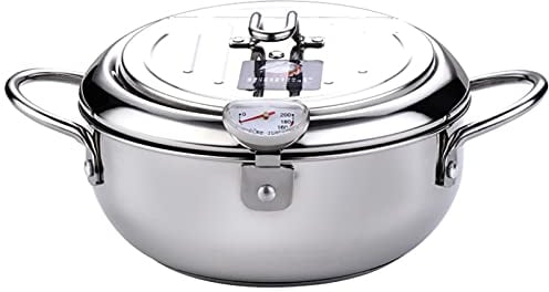 Deep Fryer, 304 Stainless Steel with Temperature Control and Lid Japanese Style Tempura Fryer Pan Chicken French, Dried Fish (L 24cm/9.45in)