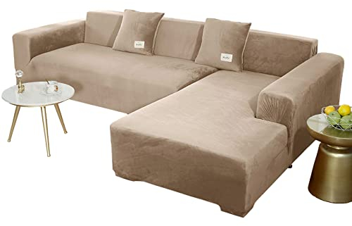 JHLD Sofabezug L Form, Stretch Sofabezug Samt L-förmiger Sofabezug Weiche Anti-rutsch Sofa Überwürfe Für Ecksofa-Kamel-2 Sitzer+3 Sitzer