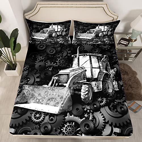 Jungen Karikatur Auto Bettlaken Set Niedlich BAU Bagger Spannbetttuch für Kinder Mädchen Kinder Traktor Spannbettlaken 140x200cm Fahrzeuge LKW Auto Kein flaches Blatt Grau Schwarz Raumdekor
