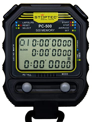 Stoptec Stoppuhr PC-500 (500 Memory Speicher|Uhrzeit & Datum|Dualtimer) - Digital Profi Stoppuhr mit Druckpunktmechanik | spritzwasserfest |Trainer