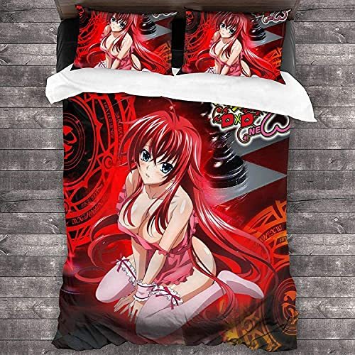 ANSSON Rias Gremory Bettwäsche 135x200cm Set,High School DxD Bettbezug Rot,Anime-Fans bettwäsche Junge und Mädchen Geschenke (135x200cm+80x80cmx2, Rias6)