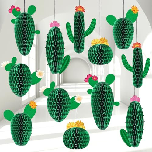 12 Stück Kaktus-Wabenkugeln für Tische, hängende Anhänger, Sommerkaktus-Party-Dekorationen, Zubehör für Klassenzimmer, Geburtstag, Babyparty, Fiesta 5, De Mayo, mexikanisches Motto-Partygeschenk