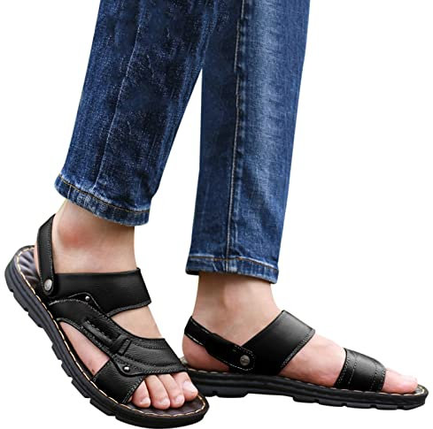 Dinnesis Sandales Homme Cuir éTé Confort Quick Drying Sandales de Marche Homme Cuir Bout DéContractéEs Pantoufles de Bain Nu Pied RandonnéE Mocassins Sandales éTé ExtéRieur Chaussures De Plage