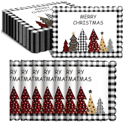 Lallisa 100 Pcs Watercolor Buffalo Plaid Christmas Tree Placemats14 x 10 in Merry Christmas Paper Placemats Disposable Scalloped Winter Table Mats for Outdoor Home Party Dining Kitchen Table