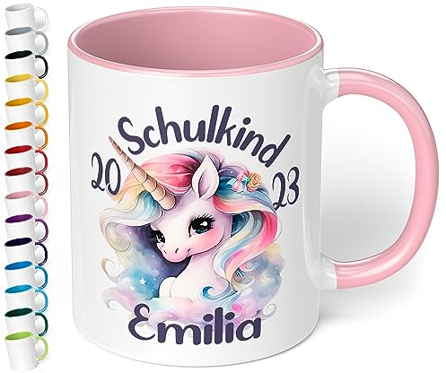 Geschenk zur Einschulung für Mädchen: Süße Tasse „Schulkind 2025“ - mit EINHORN-Motiv - personalisiert mit Namen Erstklässler - kleines Geschenk für Schüler 1. Klasse, Rosa