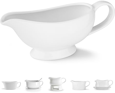 Kook Salsera de cerámica, dispensador de servir, jarra de porcelana para salsas, aderezos y crema, mango grande, apto para microondas y lavavajillas, 21 onzas, color blanco