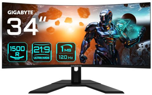 Gigabyte GS34WQC 34 Monitor da Gioco Curvo WQHD - 3440 x 1440, 1500R, 300Hz, 1ms, 250 cd/m², FreeSync Premium, HDR Ready, HDMI 2.0, Displayport 1.4