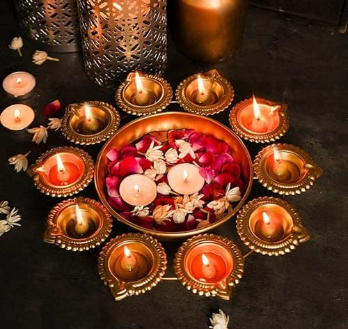 OSNICA Dekorative Urli-Schüssel aus Messing, Diya-Form, für Zuhause, handgefertigte Schüssel für schwimmende Blumen und Tischdekoration, Artikel für Diwali-Dekoration zu Hause, 35,6 cm (Design 02)