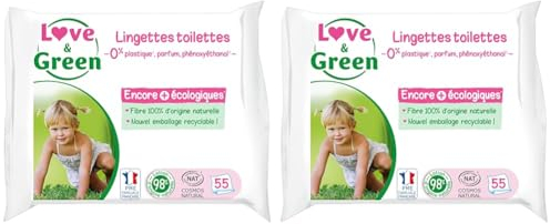 Love & Green - Lingettes Toilettes Saines et Ecologiques - Paquet de 55 Lingettes - Certifiées Cosmo Natural par ECOCERT et FSC - Emballage recyclable (Lot de 2)