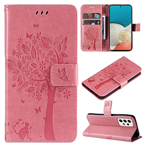 VEEMOS Handyhülle für Samsung Galaxy A53 5G Hülle Klappbar Katze-Baum mit Kartenfach Klapphülle Schutzhülle Handy Tasche Leder Book Flip Case Cover Handytasche Damen - Rosa