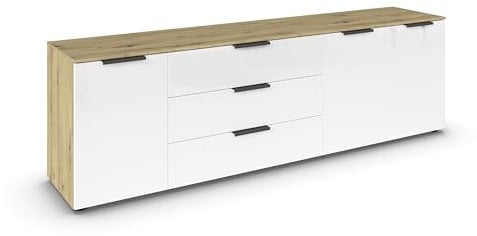 Rauch Möbel Flipp, Sideboard, TV-Schrank, Kommode mit Stauraum, Eiche Artisan-Glasfront Weiß, Holz, 3-türig, Glastüren, 3 Schubladen, Griffe Graphit, 199x61x42cm