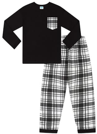 ThePyjamaFactory Pyjama long à carreaux écossais noir et blanc pour enfants, Noir , 10-11 ans