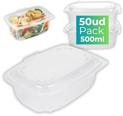 IAMI Fiambreras Reutilizables - 500 ml - 50 Envases Reutilizables PP con Tapa Bisagra - Apto para Microondas - 14 x 12 x 5 cms - Envases para alimentos 100% Recicable - 50 Tarrinas