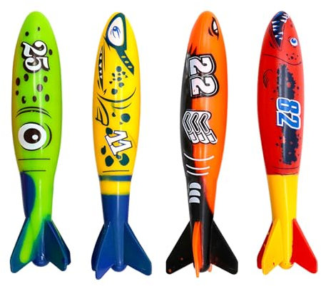 COSORO 4 Piezas Juegos Piscina Juguetes de Buceo,Juegos de Agua para Niños Torpedo de Buceo,Juguetes Piscinas Playa Exterior Verano para Natación Entrenamiento Subacuático Niños y Niñas 7-12 Años