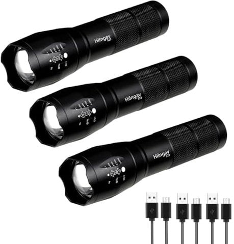 Hilngav 3 Pack Flashlight Rechargeable,Super Bright Small LED Flash Light-Zoomable,Adjustable Brightness,Long Lasting for Camping,Outdoors