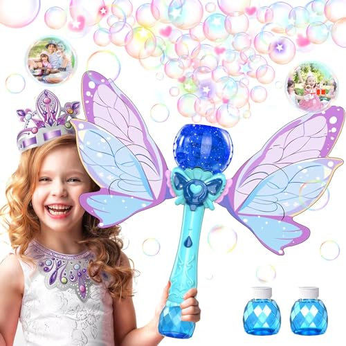 Bombble Seifenblasenstab mit Flügeln, Elektronische Seifenblasenmaschine Kinder 5000+Blasen/Min mit 2xSeifenblasenlösung/LED für Hochzeit/Party, Seifenblasenspielzeug Geschenk für Mädchen&Junge 345678