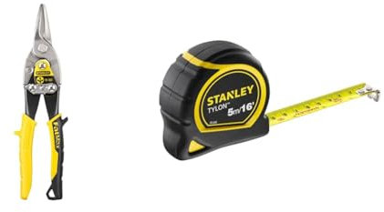 Stanley Aviation Snips – Straight Cut (2-14-563), Black and Yellow & TYLON Tape Measure 5M/16 Inches Compact Case with Cushioned Grip Metric and Imperial System 1-30-696, YELLOW