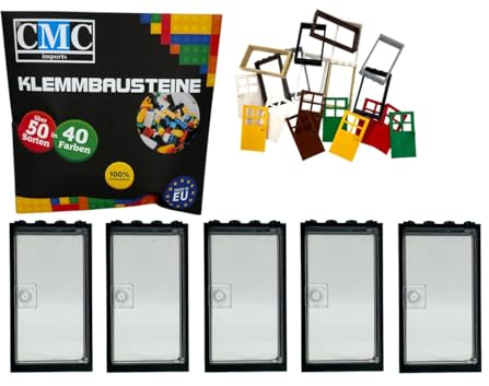 CMC imports 5 x Klemmbausteine Türen Türrahmen + Türblatt 1 x 4 x 6 Noppen City Gebäude Stadt 60596 (Schwarz - Transparent)