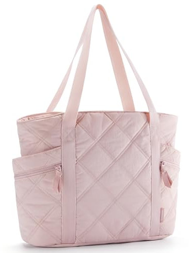 bagsmart Arbeitstasche Damen Handtasche, 20L Puffy Tote Bag Shopper Tasche mit Reißverschluss, Mehrere Fächer und Gepäckgurt für Reisen, Arbeiten, Schule, Rosa