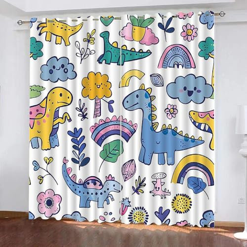 Generisch Dino Verdunklungsvorhänge Kinderzimmer Mädchen Jungen,Kinder Vorhang Mit Muster Cartoon Dinosaurier,Gardinen Blickdicht Mit Ösen 2Er Set Für Schlafzimmer Wohnzimmer Modern,140X100Cm,A30