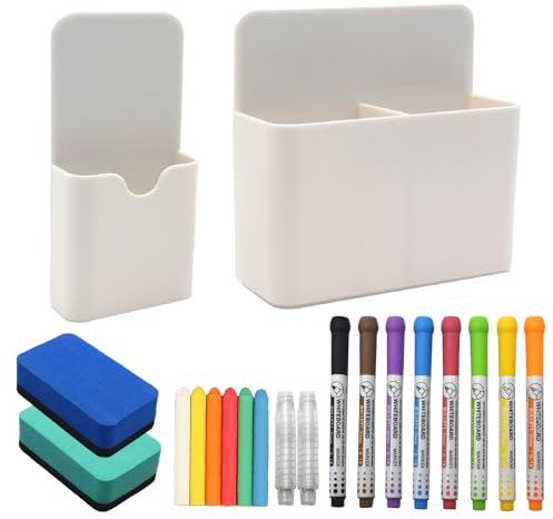 SHENSAIGO Magnetischer Whiteboard Stiftehalter Set - 8 abwischbare Marker, 2 Schwämme, 2 Halter für Zuhause, Büro und Schule