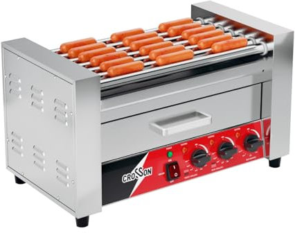 CROSSON Hot Dog 7-Walzen-Grillkochermaschine mit Brötchenwärmer, 7 Antihaft-Rollen 304SS und Dual-Temp-Steuerung
