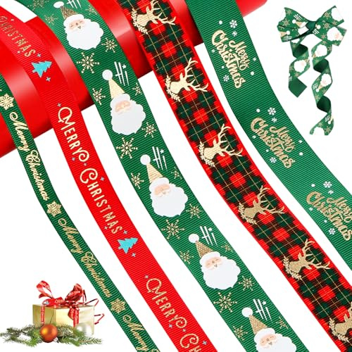 RUNEAY 5 Stück Geschenkband Weihnachten,Geschenk Bänder,Weihnachten Deko Schleifenband,Schneeflocke Satinband