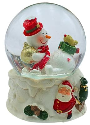 Schüttelkugel, Glaskugel Weihnachten, Schneemannkugel, Schneekugel als Schneemann mit Baumkugel auf Buntem Polystonesockel, Maße H/B/Ø Kugel: ca. 9 x 7 cm/Ø 6,5 cm.