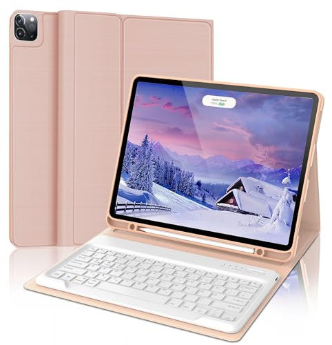 FOGARI Hülle mit Tastatur für iPad Pro 12.9 (6/5/4/3 Gen), Deutsches QWERTZ, Magnetisch Abnehmbarer Bluetooth Tastatur für iPad 12,9 Zoll, Rosa