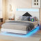 PerGar Polsterbett 160x200cm, Doppelbett mit LED Beleuchtung & Ladestation, Schwebebett, Gepolstertes Bettgestell mit Verstellbarem Kopfteil, Metallbett, Jugendbett mit Licht, Samt, Beige + Schwarz
