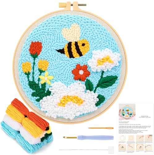 JSRQT Kit Aguja Perforadora Floral Plantas Abeja Aguja Punch Needle Kit de Bordado con Aguja Perforada Flores Kit de Arranque Punch Needle Kit de Iniciación para Bordado para Adultos Principiantes